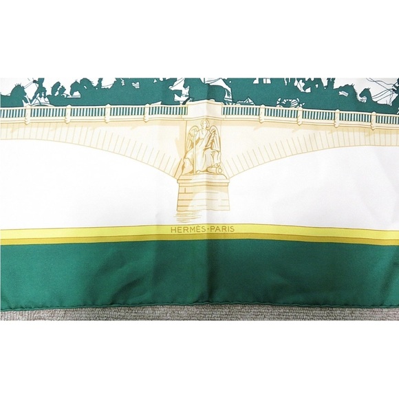Hermes Les Ponts de Paris Silk Scarf in Green and Gold - Picture 11 of 12